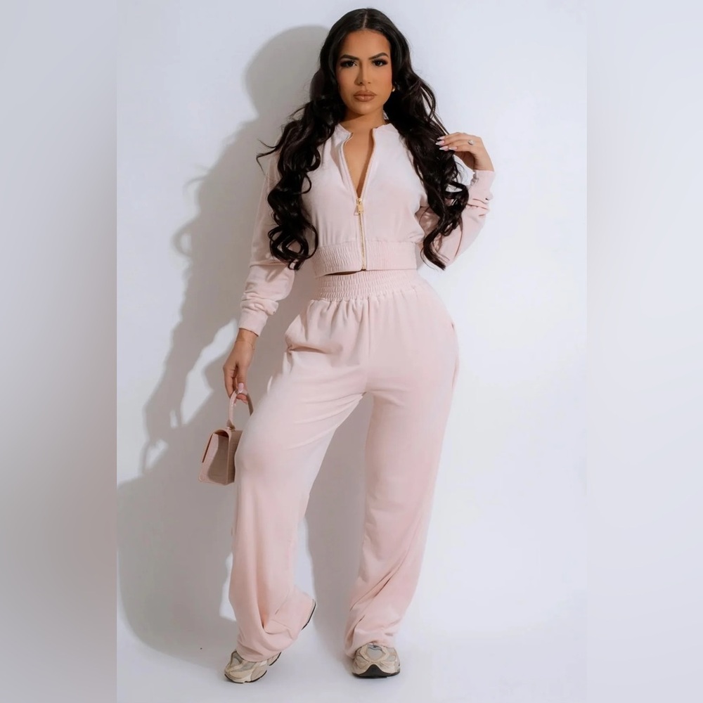VIVID ANGELS velour bomber jacket & pants set in pale pink Size Large NWT